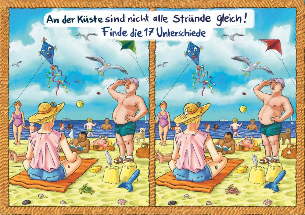 25027018 - Postkarte Küsten Cartoons "Wimmelbild - Strand"