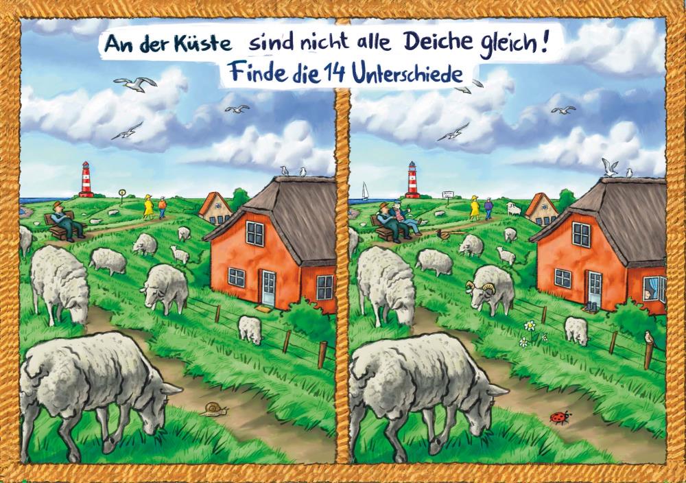 25027020 - Postkarte Küsten Cartoons "Wimmelbild - Deich"