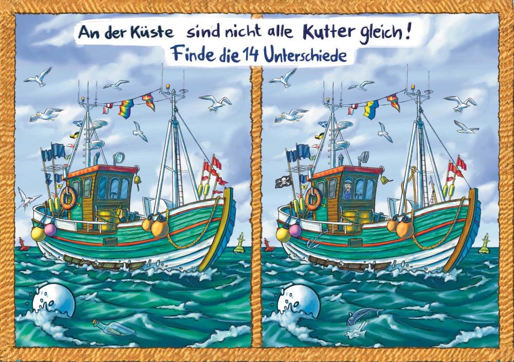 25027021 - Postkarte Küsten Cartoons "Wimmelbild - Kutter"