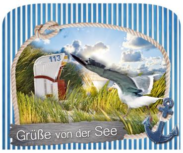 0623 - 3D Grußkarte Küste Möwe – Düne – Strandkorb