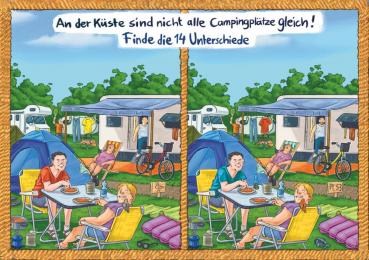 25027017 - Postkarte Küsten Cartoons "Wimmelbild - Camping"